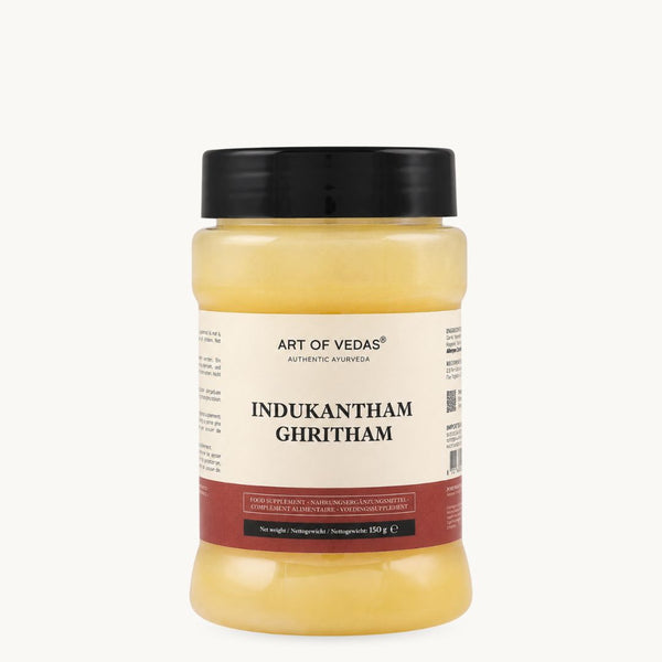 Art of Vedas Indukantham Ghritham, klassieke ayurvedische ghee: gember, lange peper, steenzout. Pot van 150 g