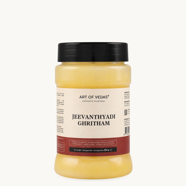 Art of Vedas Jeevanthyadi Ghritham, klassieke ayurvedische ghee: Ashwagandha, Haritaki, dille. Pot van 150 g