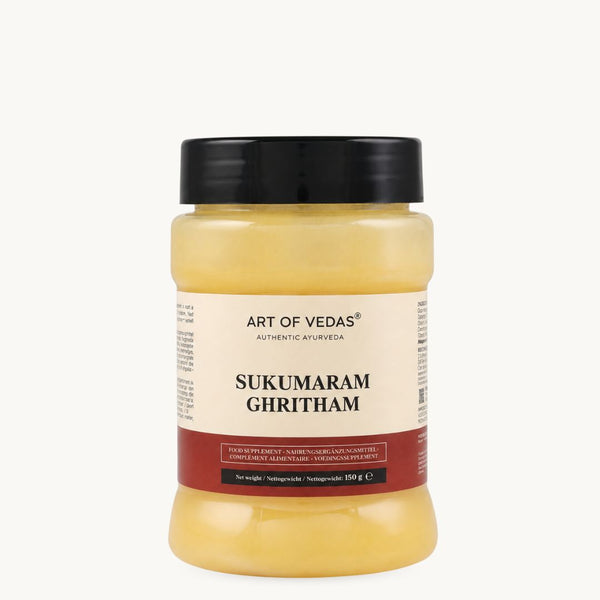 Art of Vedas Sukumaram Ghritham, klassieke ayurvedische ghee: Ashwagandha, Shatavari, zoethout. Pot van 150 g